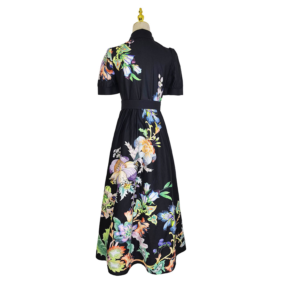 Pinched waist lotus leaf edges short sleeve long dress