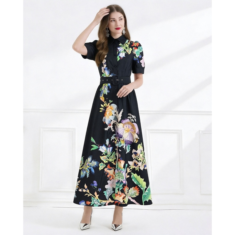 Pinched waist lotus leaf edges short sleeve long dress