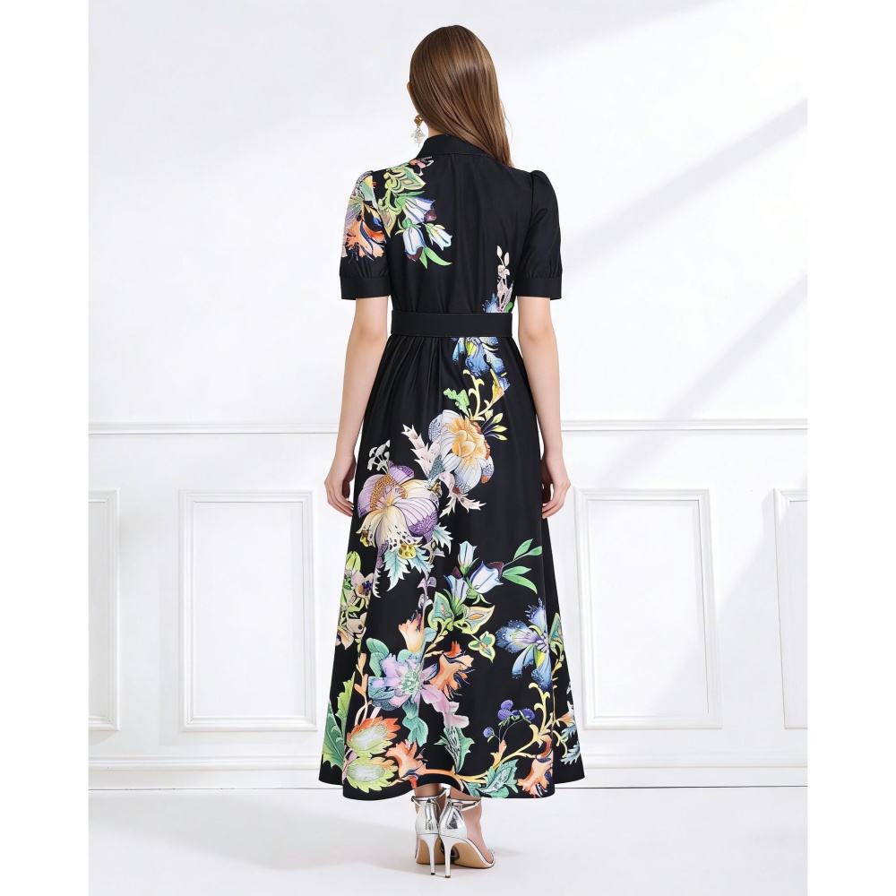 Pinched waist lotus leaf edges short sleeve long dress