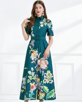 Lapel short sleeve lotus leaf edges retro long dress