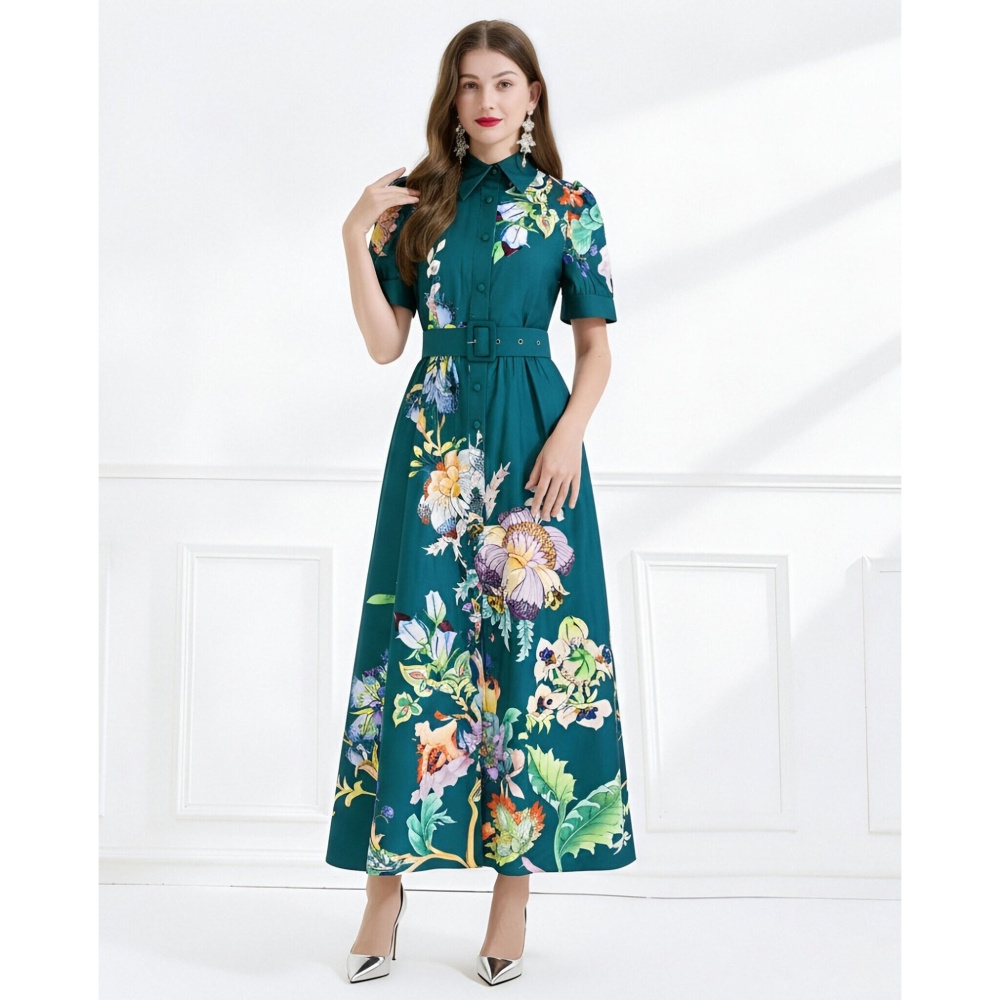 Lapel short sleeve lotus leaf edges retro long dress