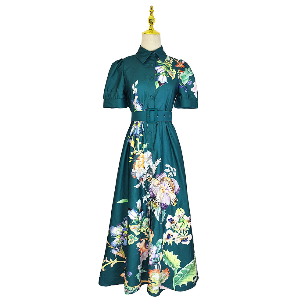 Lapel short sleeve lotus leaf edges retro long dress