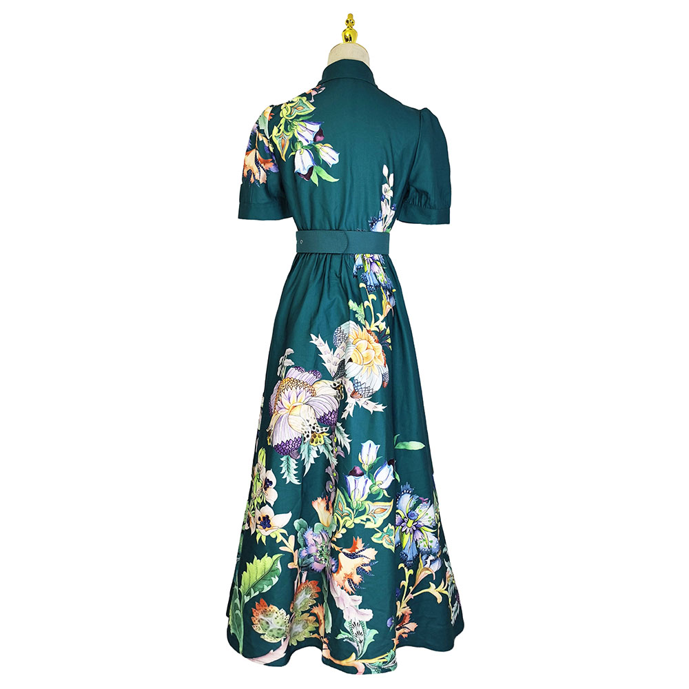 Lapel short sleeve lotus leaf edges retro long dress