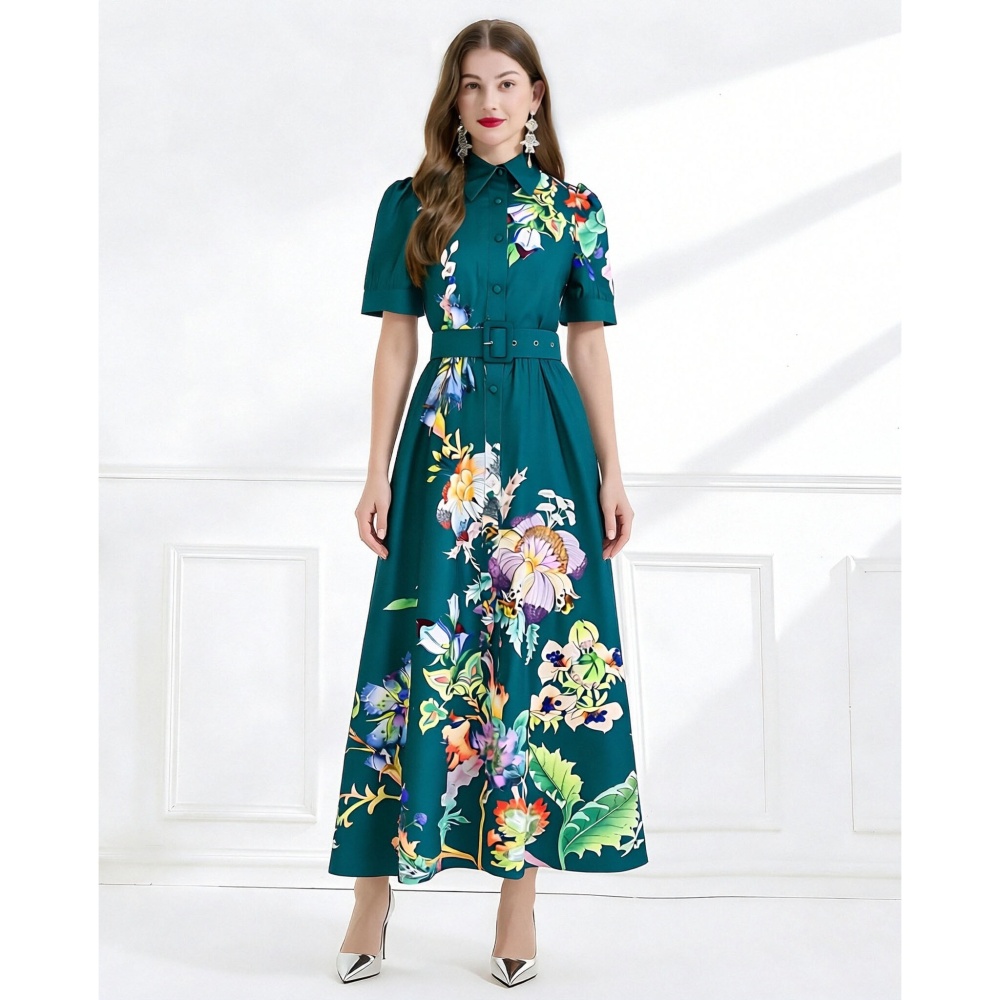 Lapel short sleeve lotus leaf edges retro long dress