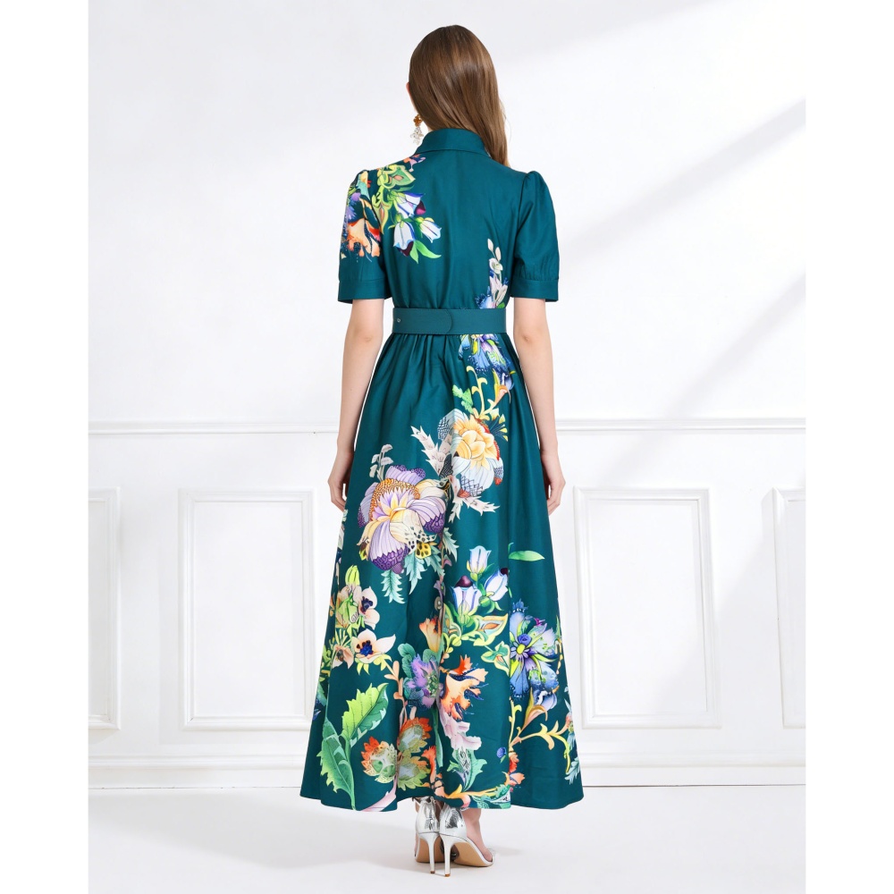 Lapel short sleeve lotus leaf edges retro long dress