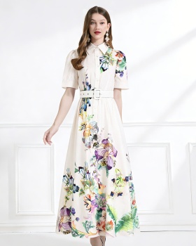Printing summer lotus leaf edges lapel long dress