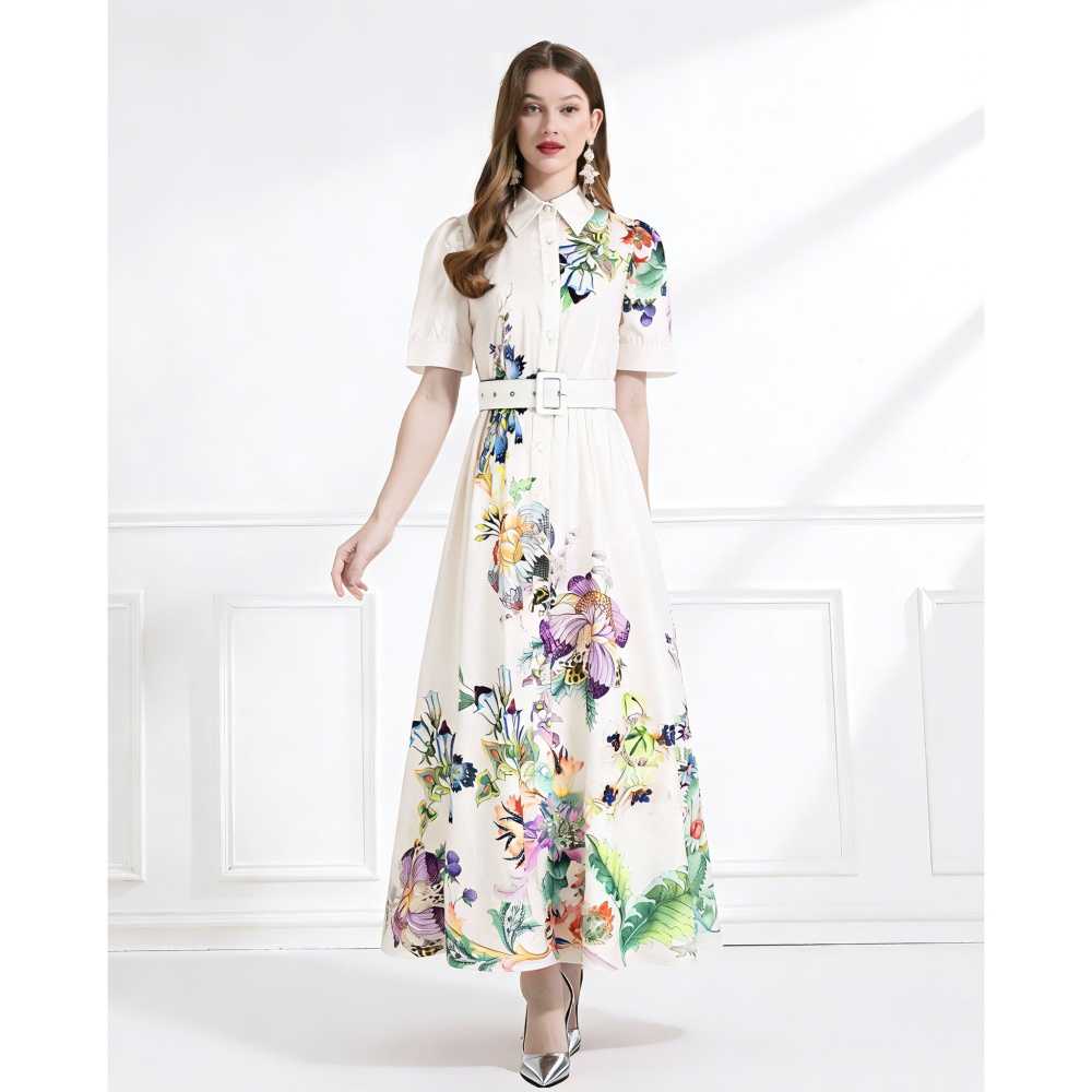 Printing summer lotus leaf edges lapel long dress