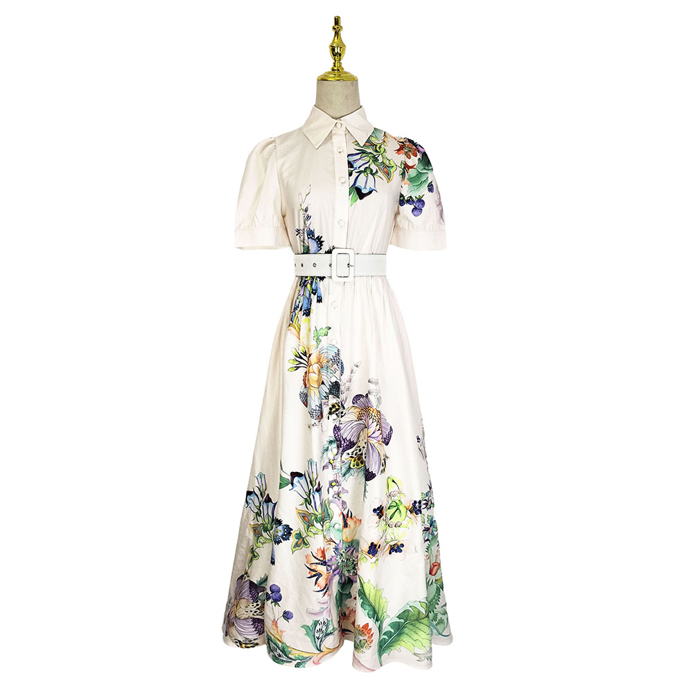 Printing summer lotus leaf edges lapel long dress