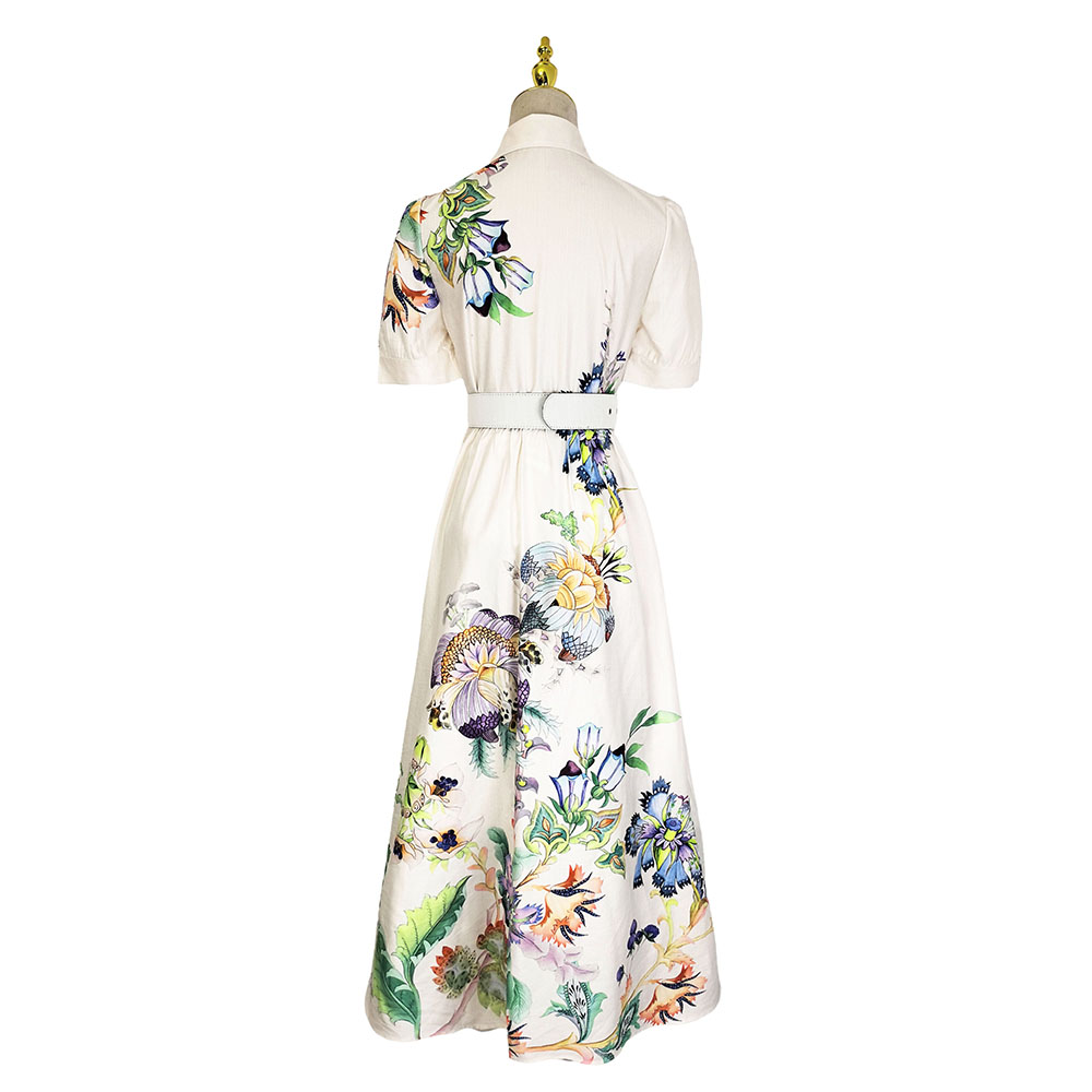 Printing summer lotus leaf edges lapel long dress