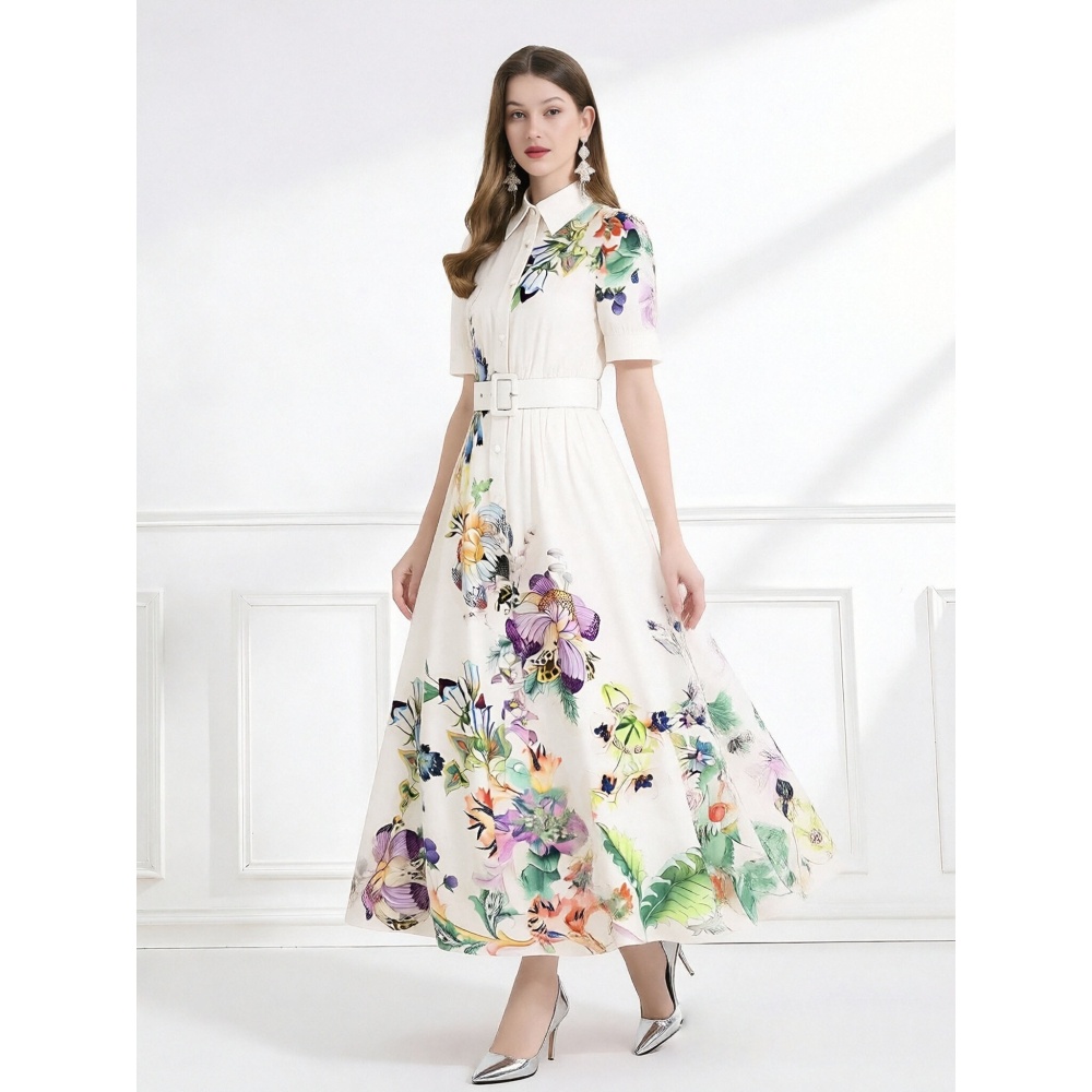 Printing summer lotus leaf edges lapel long dress