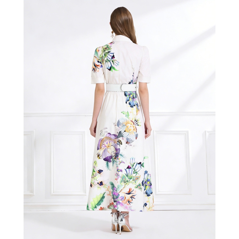 Printing summer lotus leaf edges lapel long dress