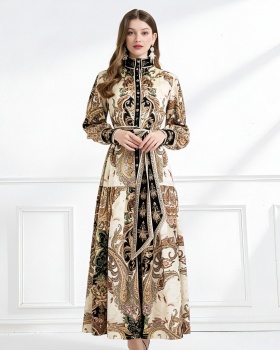 Cstand collar printing with sling chiffon court style dress
