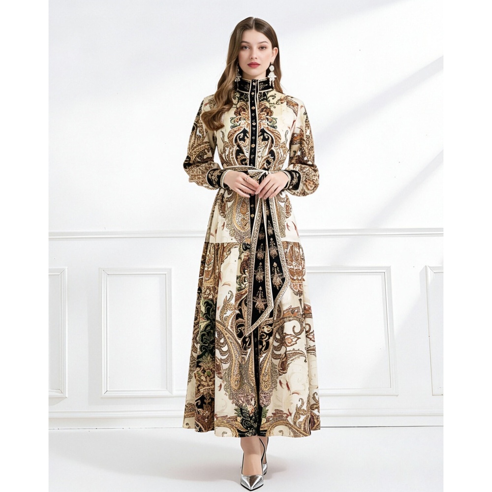 Cstand collar printing with sling chiffon court style dress