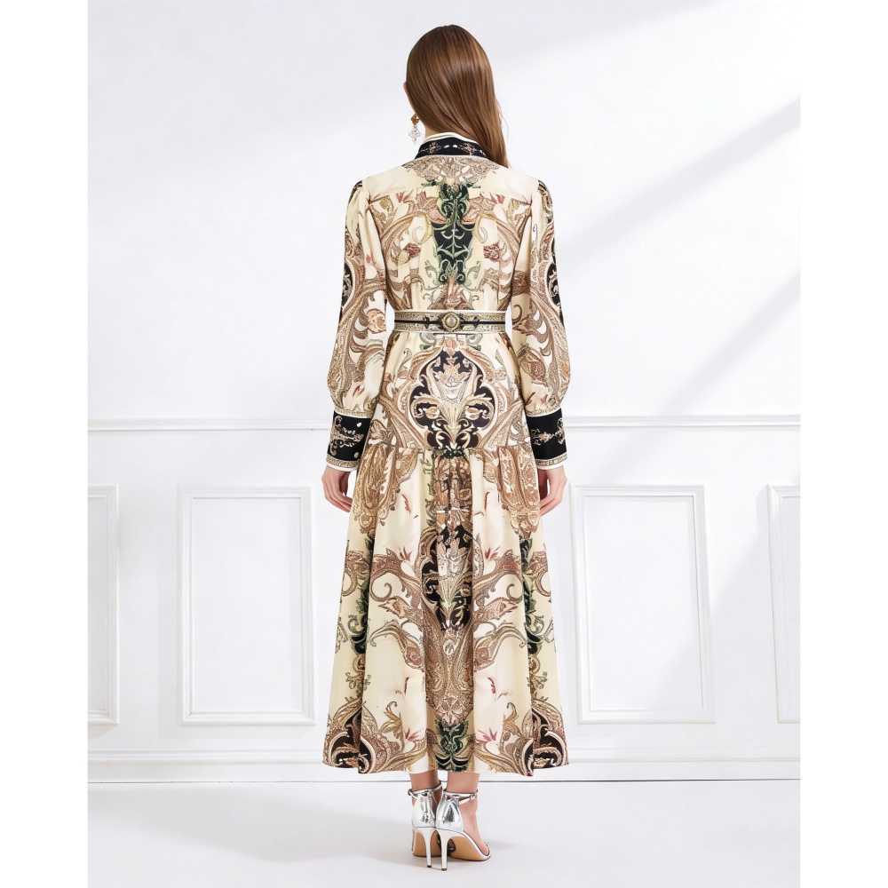 Cstand collar printing with sling chiffon court style dress