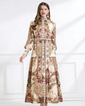 Court style single-breasted printing retro chiffon dress