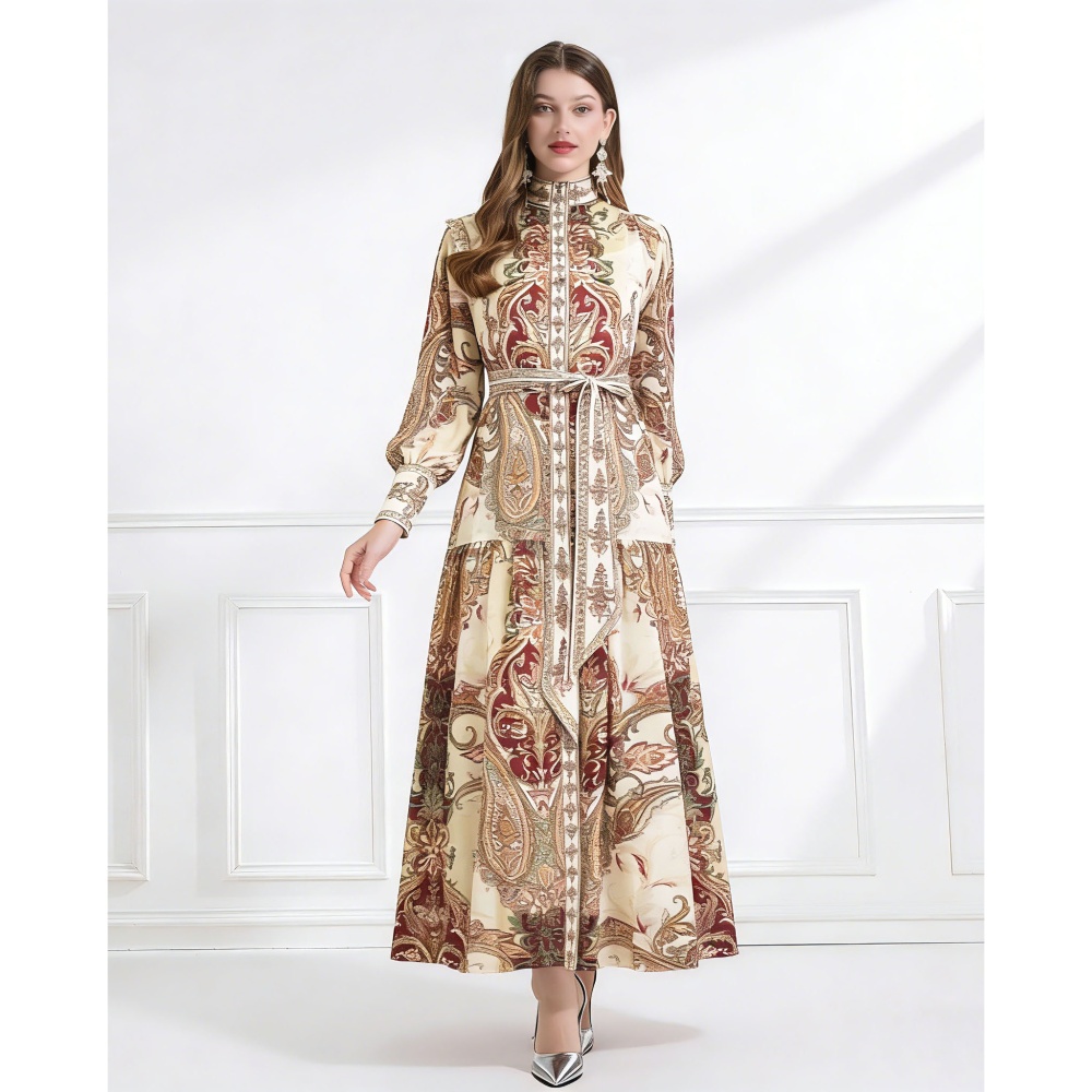 Court style single-breasted printing retro chiffon dress