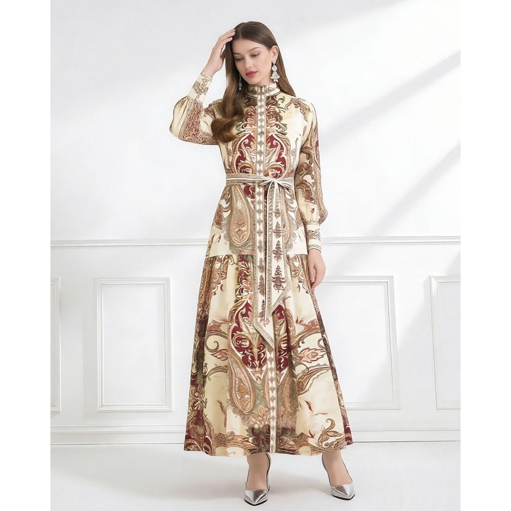 Court style single-breasted printing retro chiffon dress