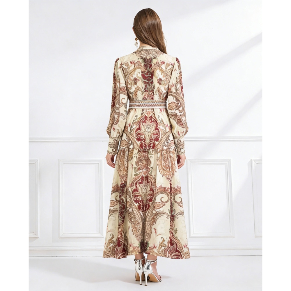 Court style single-breasted printing retro chiffon dress