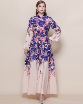 Retro printing formal dress with belt breasted dress