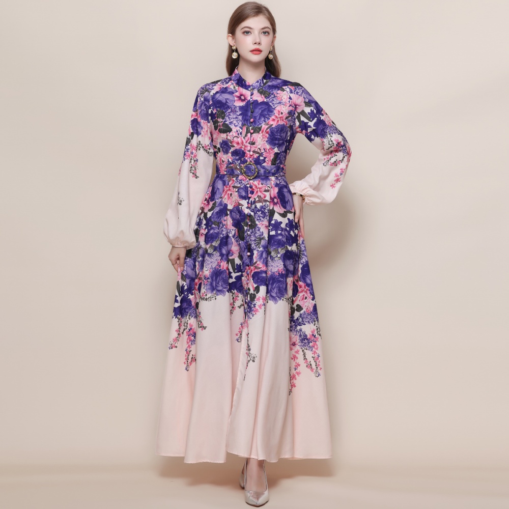 Retro printing formal dress with belt breasted dress