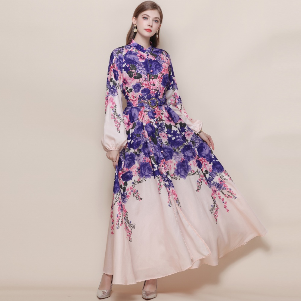 Retro printing formal dress with belt breasted dress