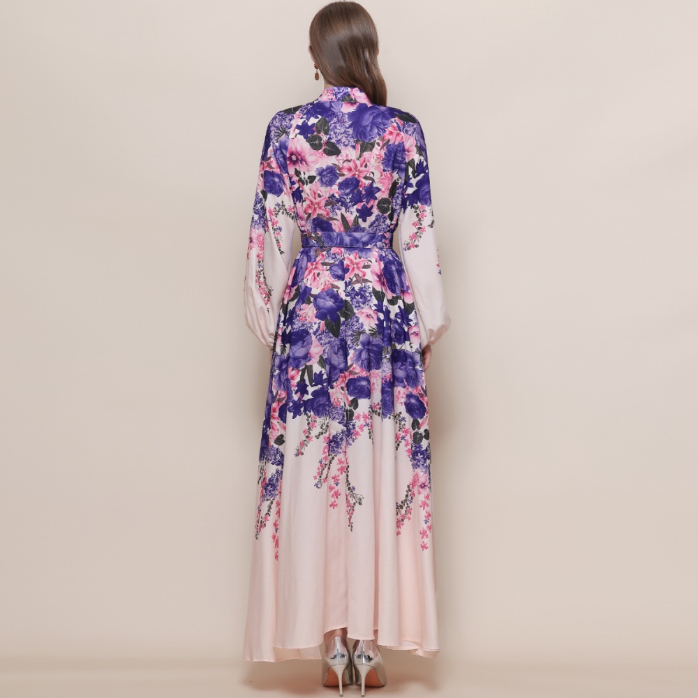 Retro printing formal dress with belt breasted dress