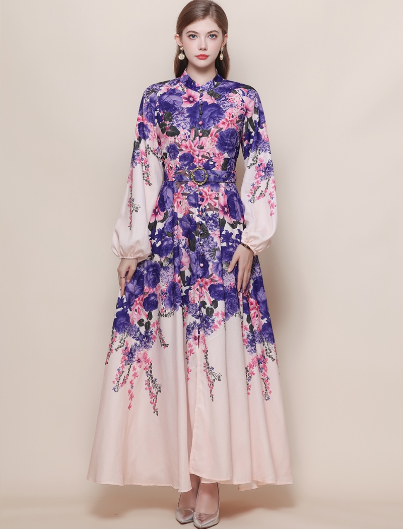 Retro printing formal dress with belt breasted dress