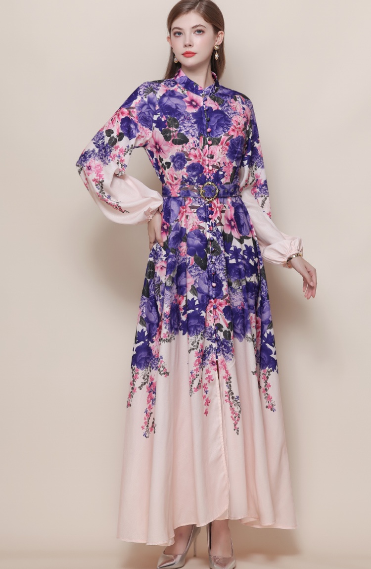 Retro printing formal dress with belt breasted dress