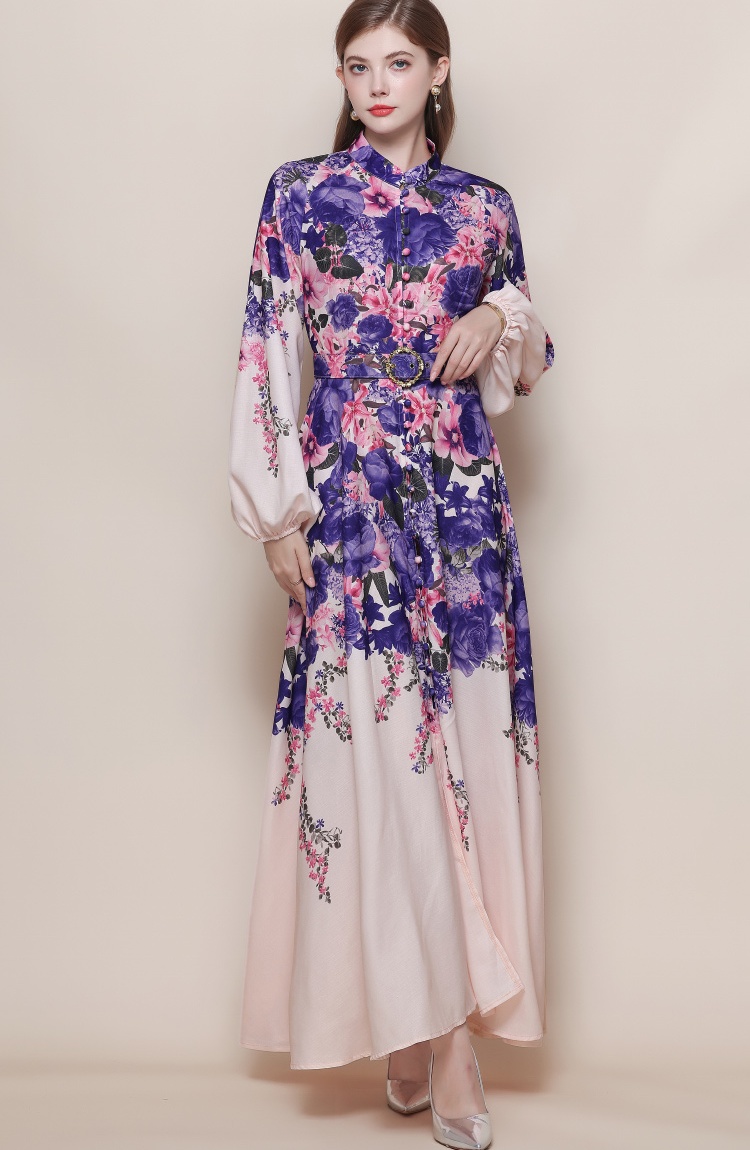 Retro printing formal dress with belt breasted dress