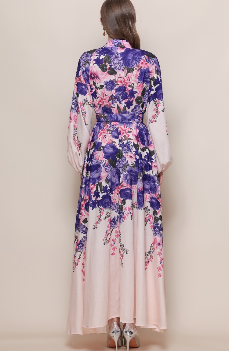 Retro printing formal dress with belt breasted dress