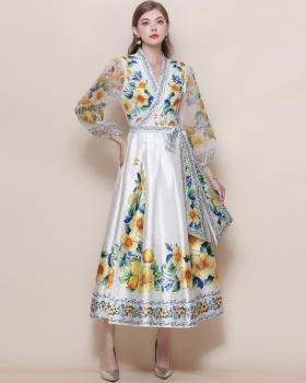 Lantern sleeve long dress court style dress for women