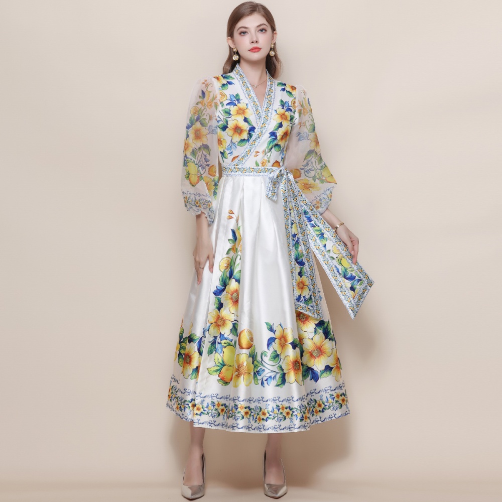 Lantern sleeve long dress court style dress for women