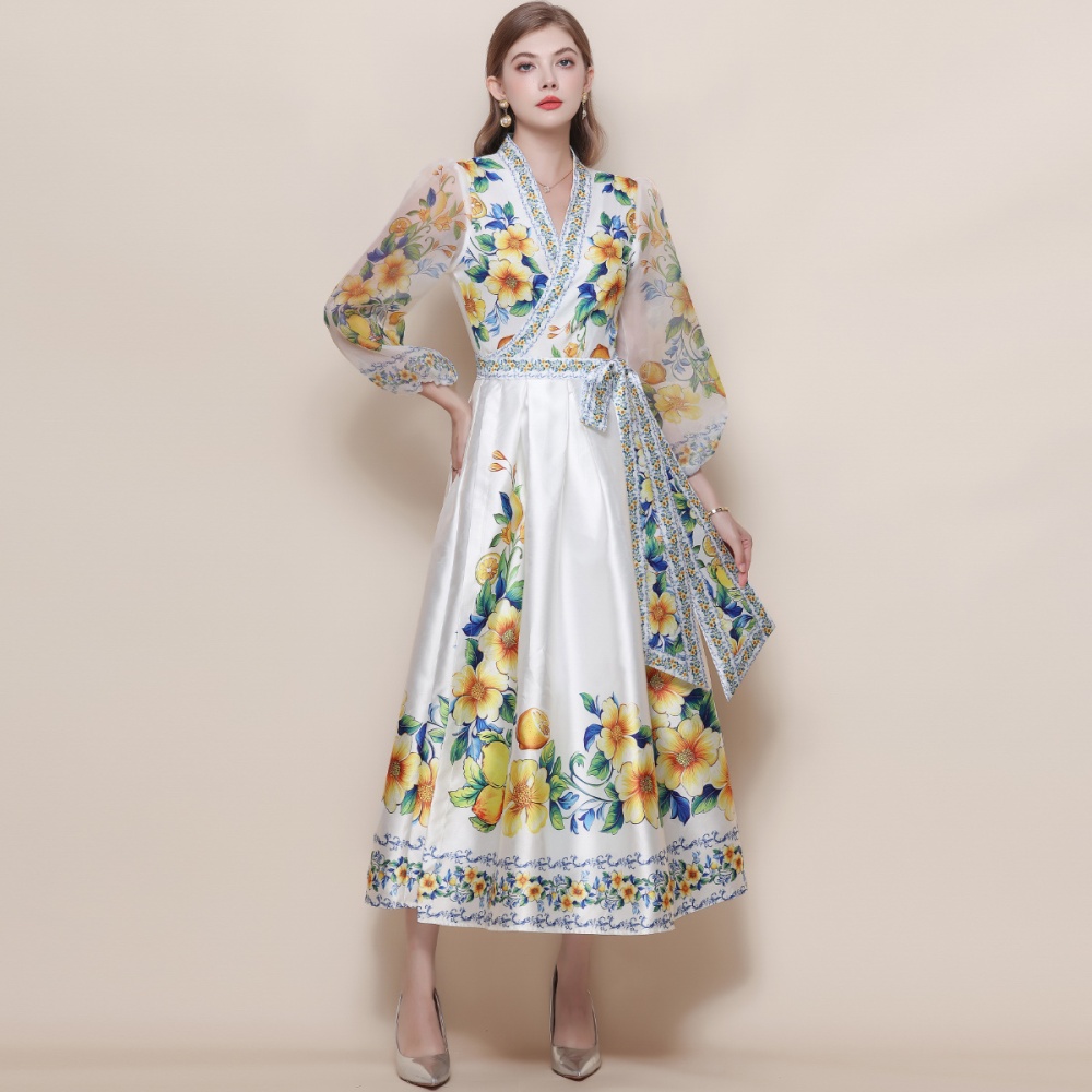Lantern sleeve long dress court style dress for women