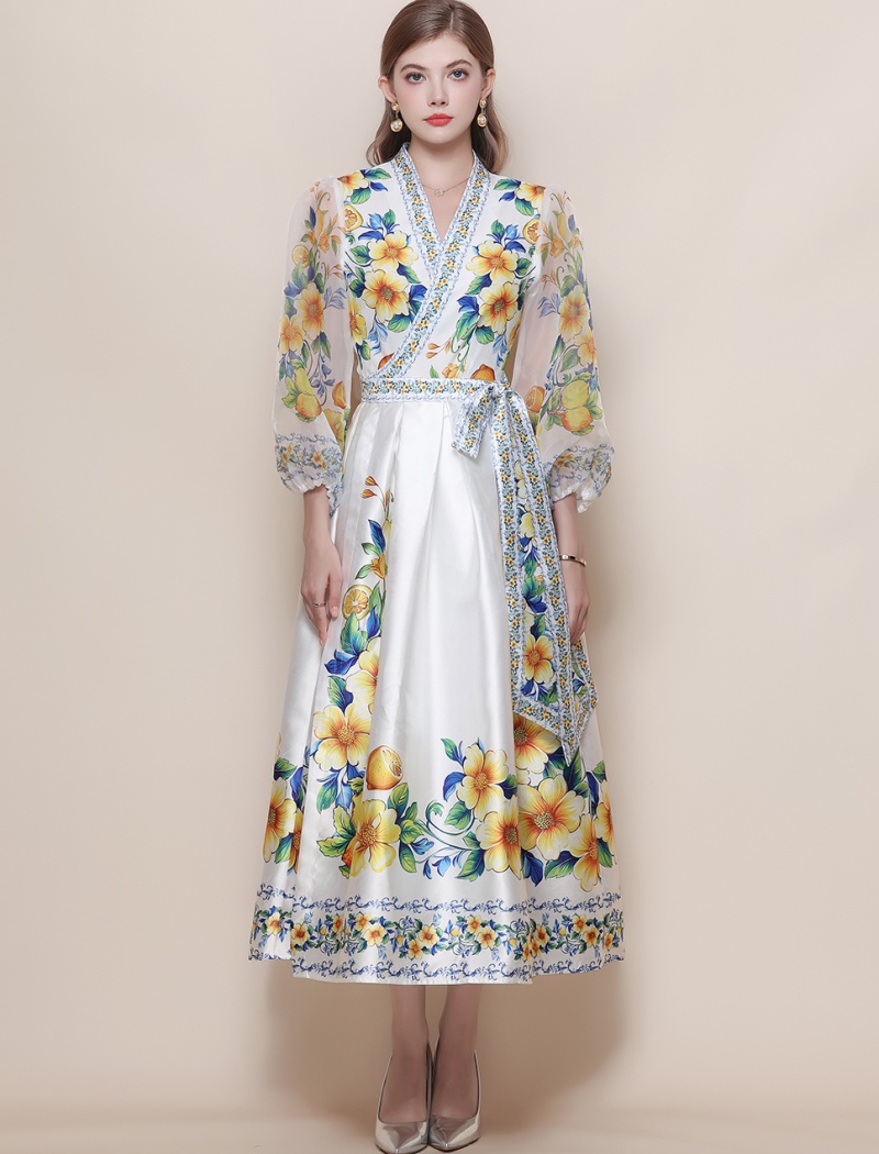 Lantern sleeve long dress court style dress for women