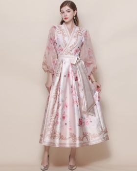 Lantern sleeve V-neck dress retro long dress