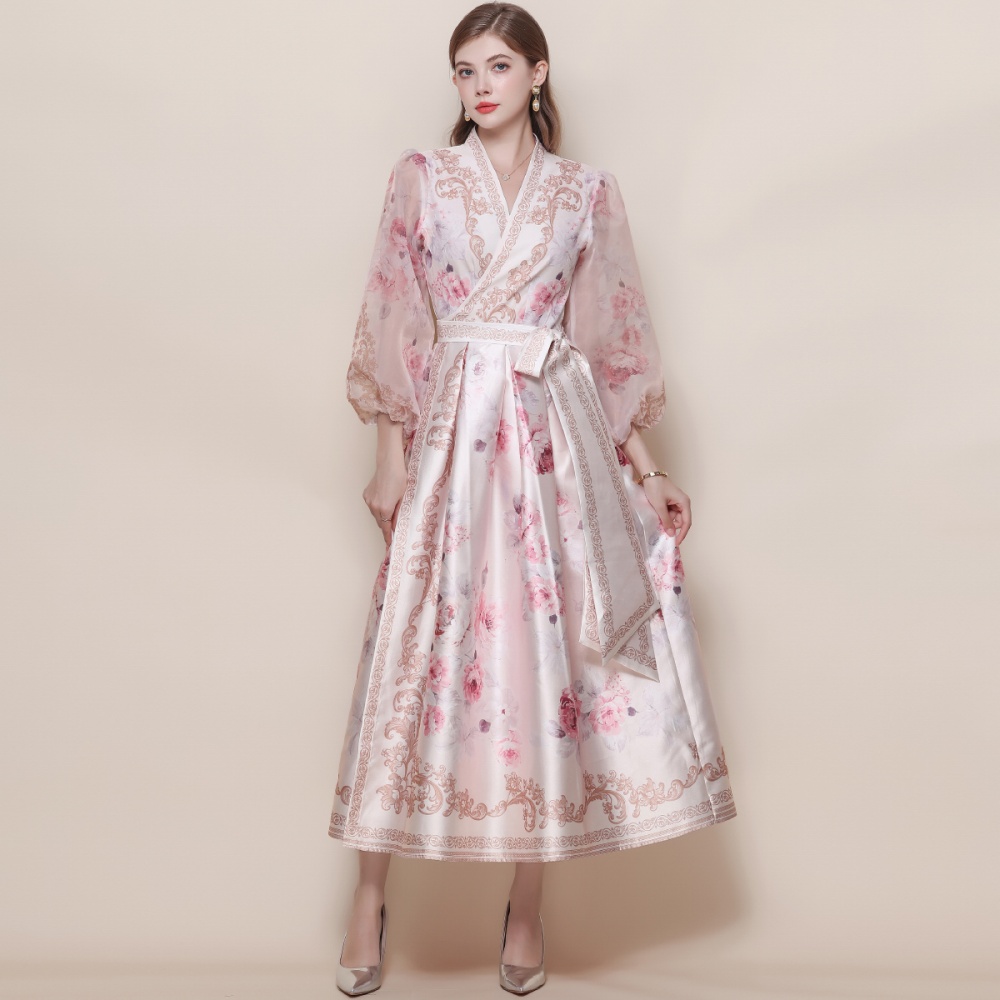 Lantern sleeve V-neck dress retro long dress