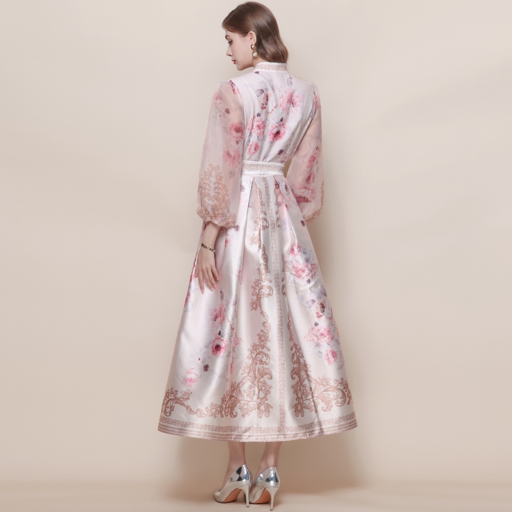 Lantern sleeve V-neck dress retro long dress