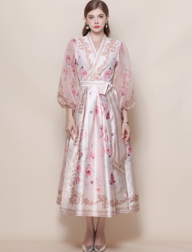 Lantern sleeve V-neck dress retro long dress