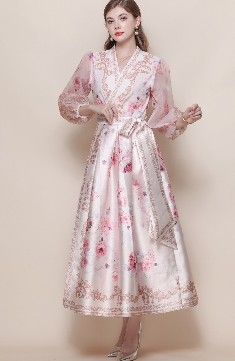 Lantern sleeve V-neck dress retro long dress