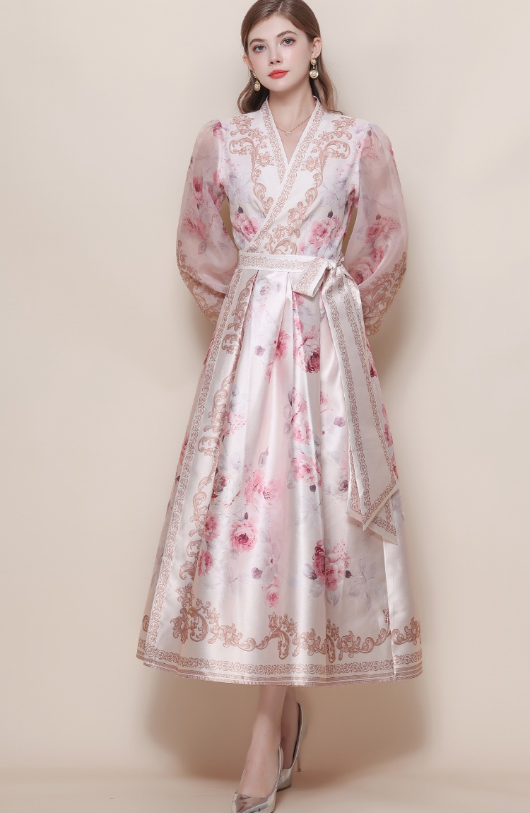 Lantern sleeve V-neck dress retro long dress