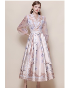 Printing retro long dress lantern sleeve dress