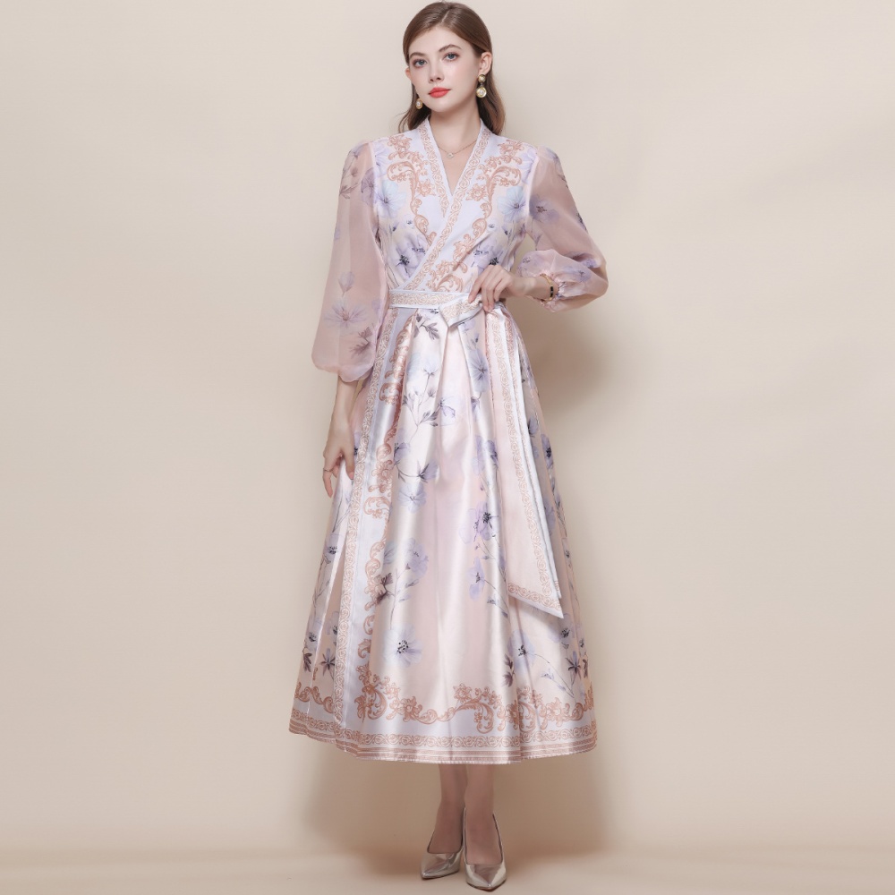 Printing retro long dress lantern sleeve dress