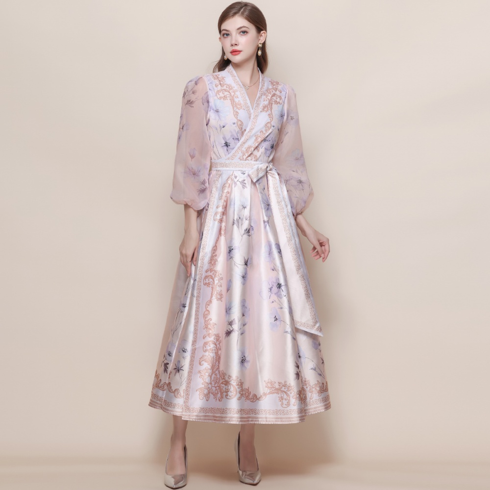 Printing retro long dress lantern sleeve dress