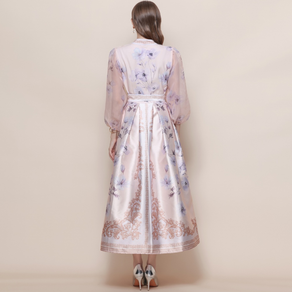 Printing retro long dress lantern sleeve dress