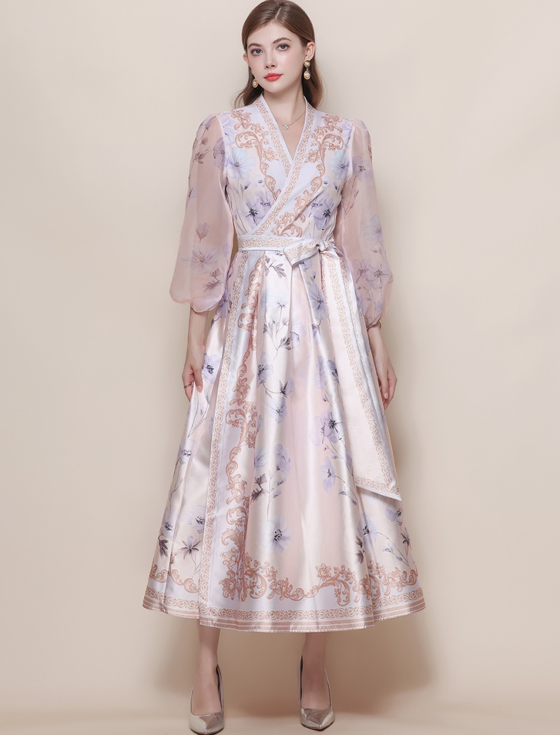 Printing retro long dress lantern sleeve dress