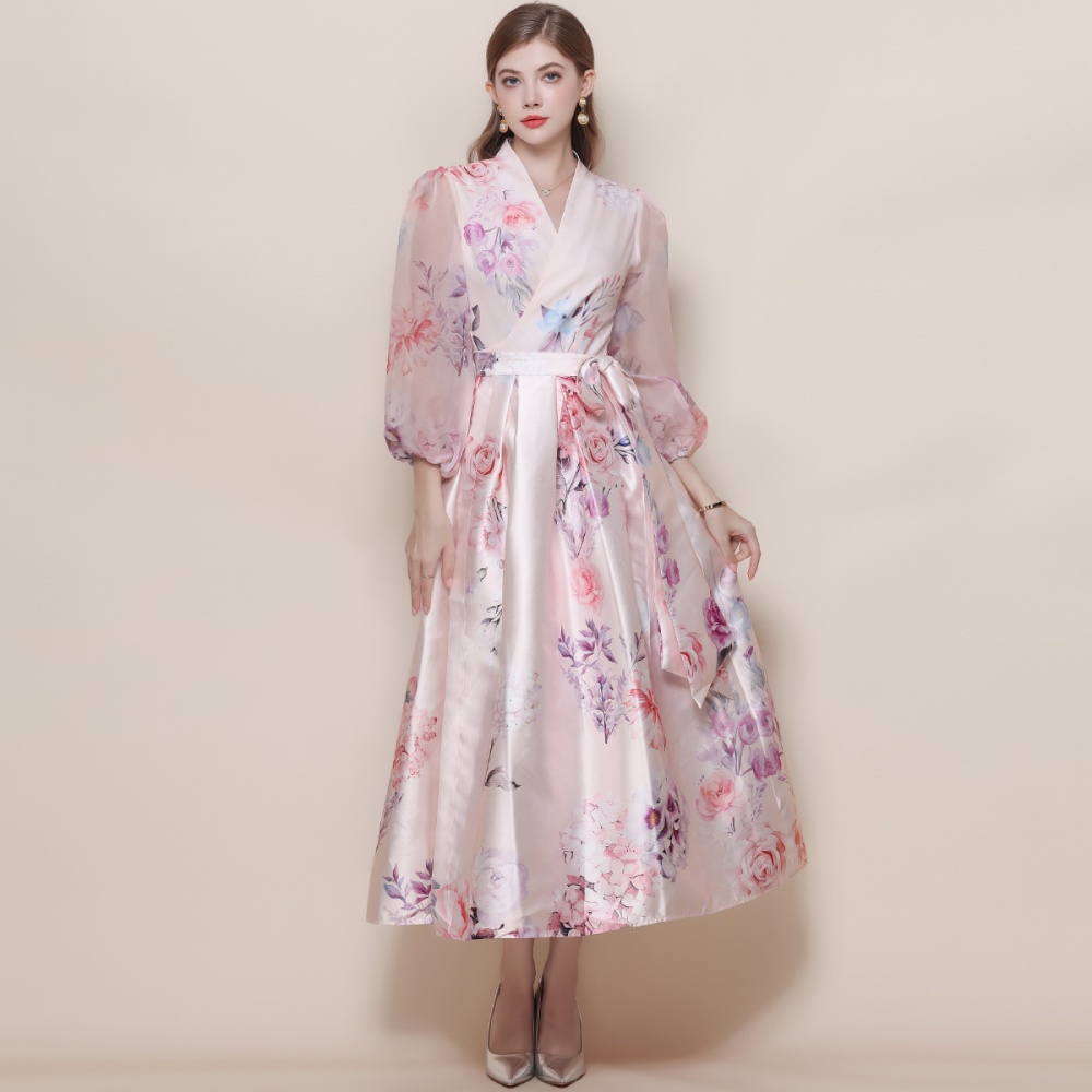 Court style lantern sleeve dress printing long dress
