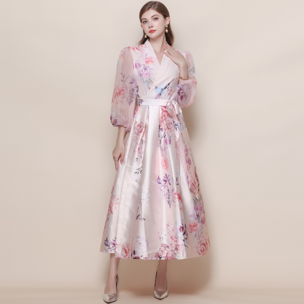 Court style lantern sleeve dress printing long dress