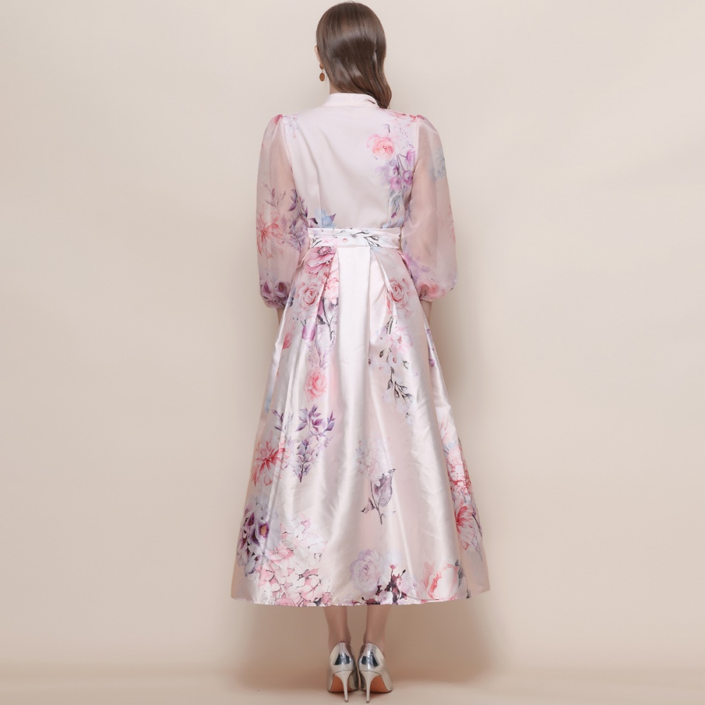 Court style lantern sleeve dress printing long dress