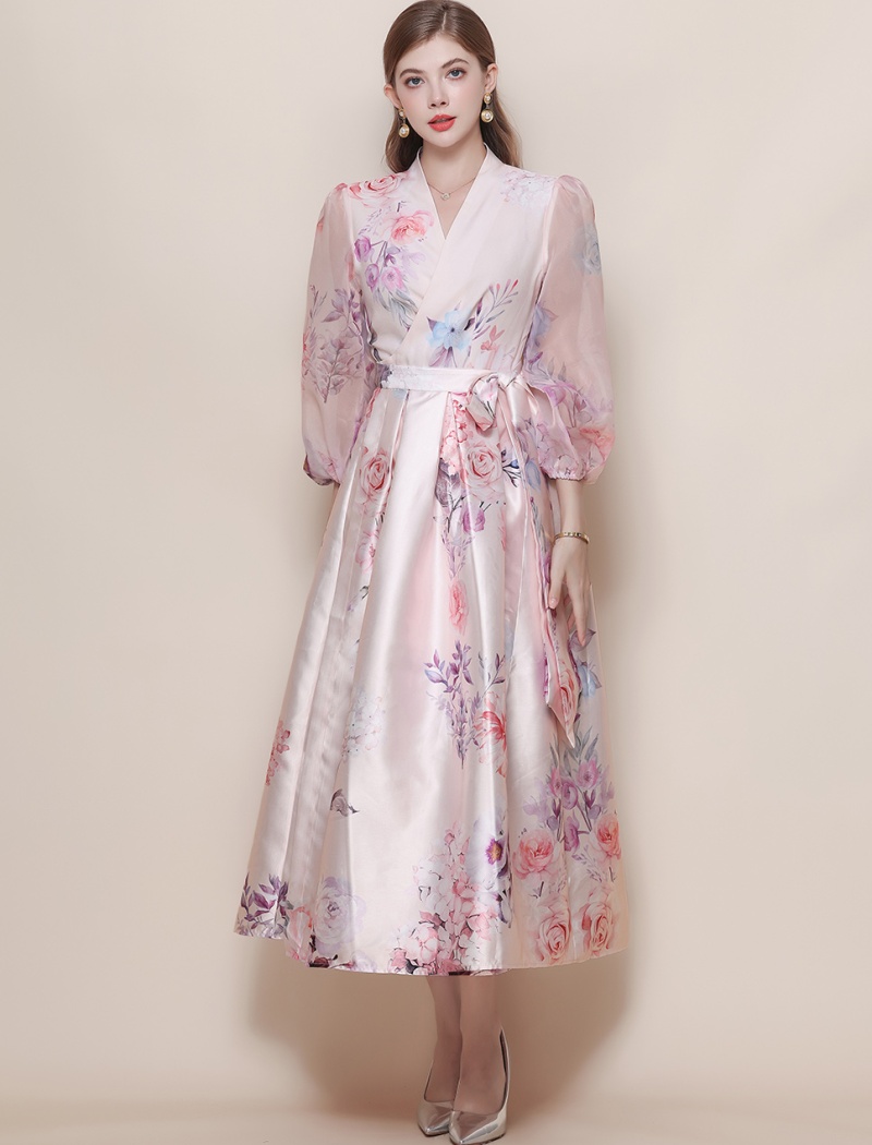 Court style lantern sleeve dress printing long dress
