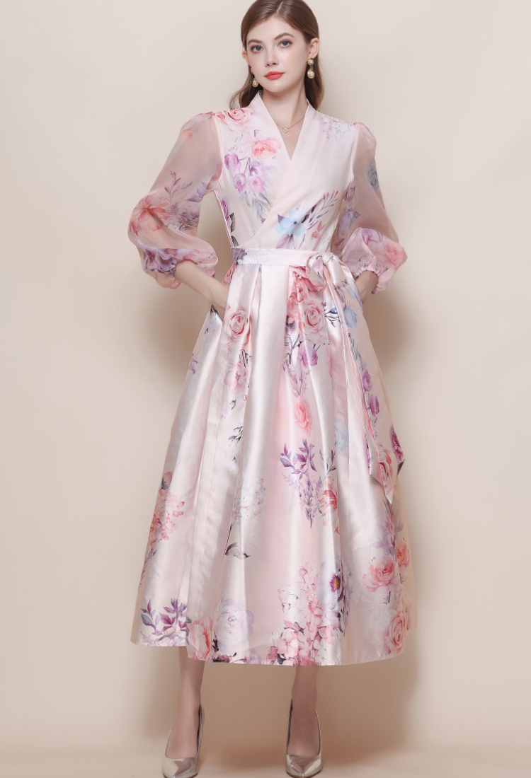 Court style lantern sleeve dress printing long dress